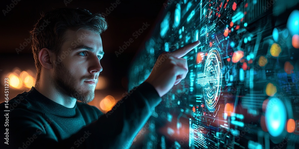 Poster young man interacting with futuristic holographic technology in a dark environment, exploring data, 