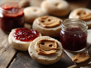 Playful Bagels with Smiley Faces Made of Peanut Butter and Jam, Served on Rustic Wooden Table, Ideal for Breakfast or Snack Time