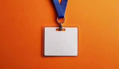 A white ID card on a blue lanyard against an orange background.