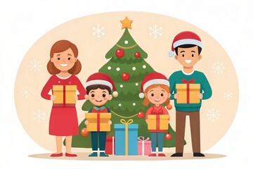 Portrait of a happy family holding hands and exchanging gifts in a festive home setting.