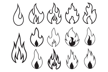 Flame Icon Set &ndash; Black and White Fire Vector Designs, Stylized Fire Symbol Clipart for Tattoo and Print, Minimalist Flame Silhouettes for Art and Graphics