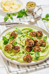 chicken broccoli meatballs with green pea hummus