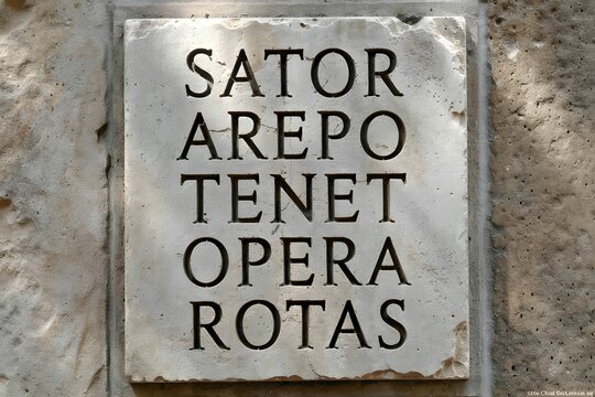 Highly detailed ancient Sator Square engraved on weathered stone surface with symmetrical Latin inscription surrounded aged texture and natural patina evoking mystery history and spiritual symbolism