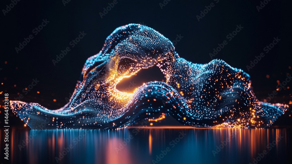 Poster abstract digital flowing form of glowing particles on reflective surface
