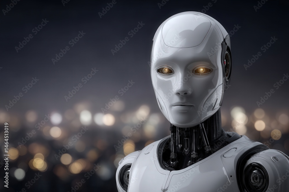 Aufkleber futuristic humanoid robot with luminous eyes against a blurred urban backdrop showcasing advanced te