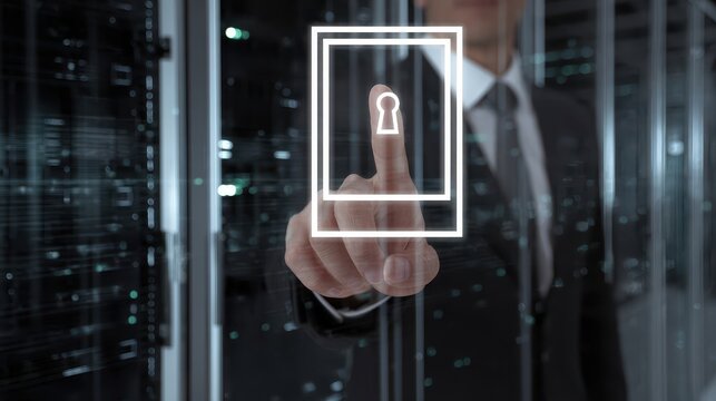 A person interacts with a digital lock graphic in a server room.