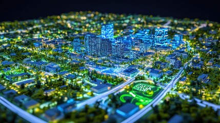 Obraz premium Night city model aerial view of illuminated urban development