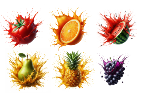 Colorful fruit explosions on white background