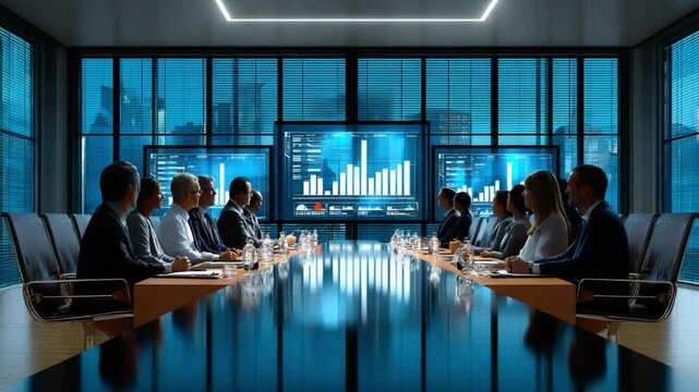 Corporate Conclave: Business professionals engage in a dynamic strategy session within a modern boardroom, the cityscape backdrop emphasizing global reach and innovation.