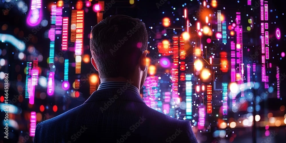 Poster business professional observing digital financial graphs in a futuristic trading environment with vi