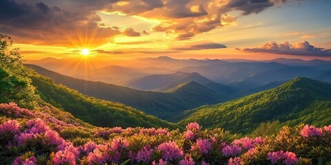 Mountains, forests, and pink rhododendron flowers at sunset.