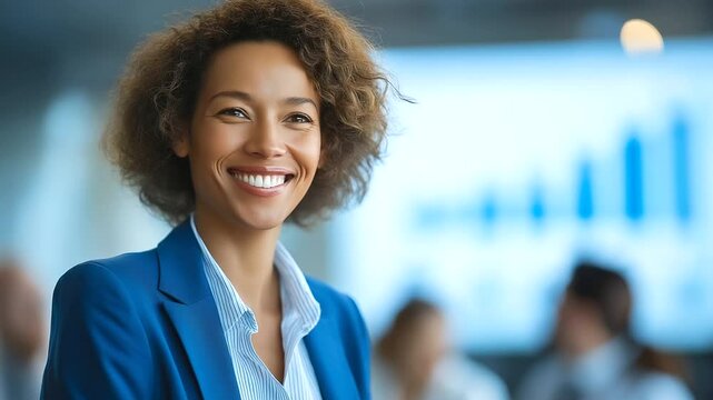 A confident Black businesswoman takes charge in a modern boardroom setting.