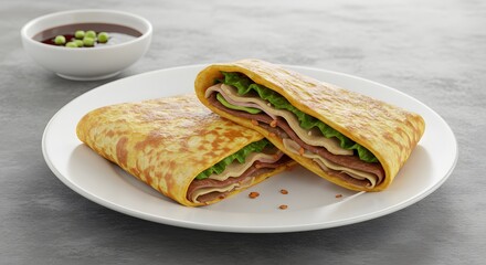 Delicious savory crepe with meat and lettuce on a white plate for a healthy lunch option idea
