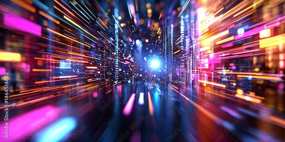 Poster vibrant abstract digital cityscape with colorful light beams, bright blocks, and glowing elements cr