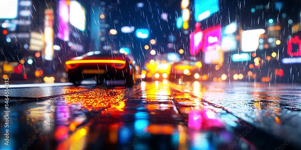 Poster futuristic cityscape with neon lights and reflections in a rainy urban environment at night, creatin