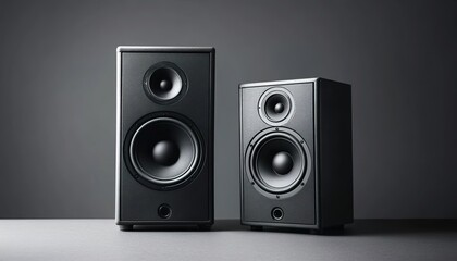Obraz premium Two black speakers, one larger and one smaller, placed side-by-side against a gray background.