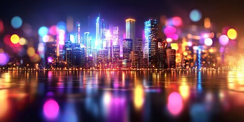 Fototapeta premium Vibrant Abstract Cityscape with Bright Neon Lights and Colorful Illumination, Digital Art, Futuristic Skyline at Night, Technology Visualization