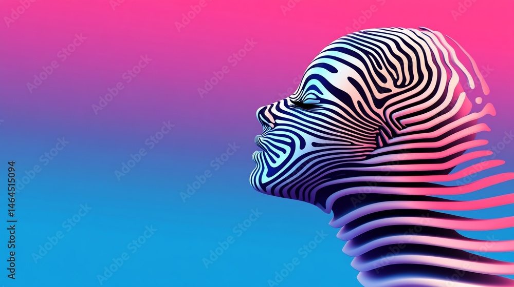 Poster abstract face with zebra-like stripes, dissolving into layers, gradient background