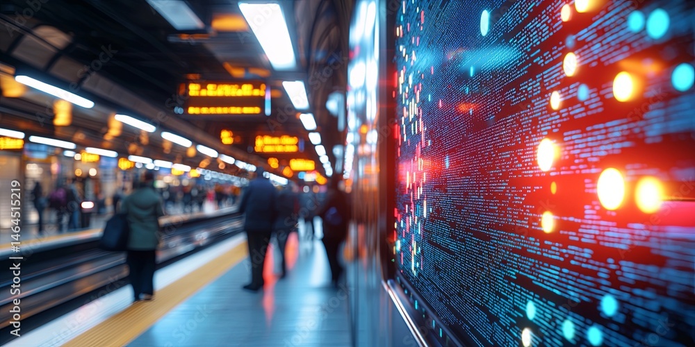 Leinwandbilder Futuristic Digital Interface in Urban Subway Station with Glowing Data Visualization on Wall Surrounded by Commuters and Vibrant LED Lights