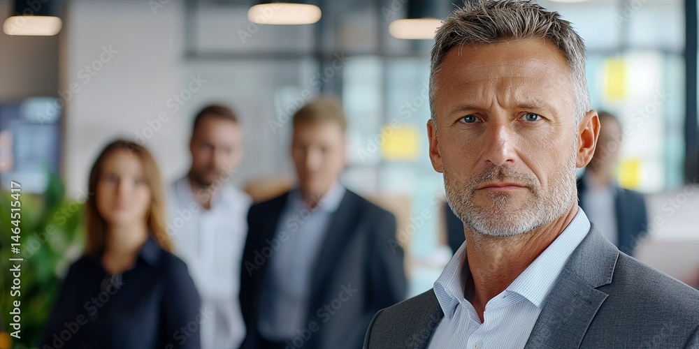 Aufkleber confident business leader standing in front of team with professional attire and serious expression 