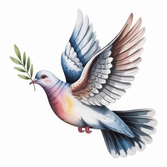 Obraz premium Elegant Watercolor Illustration of a Dove Holding an Olive Branch in Flight Symbolizing Peace and Hope