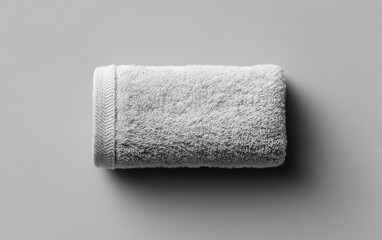 Obraz premium Folded white towel on a plain gray surface. A soft, absorbent towel, rolled and ready for use. Neatly folded, showcasing its texture