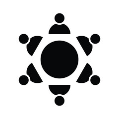 Minimal office collaboration icon, meeting table with chairs vector, workplace strategy room icon, group meeting area outline icon, professional meeting room graphic vector isolated white background.