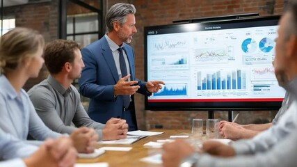 Business Presentation: A focused group of business professionals intently observe a dynamic presentation displayed on a large screen, illustrating data analysis within a modern office setting.  - Powered by Adobe