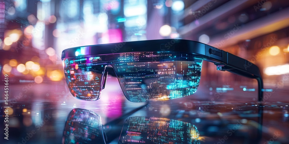 Poster Futuristic Smart Glasses Displaying Digital Data with Reflections in a High-Tech Environment at Nighttime