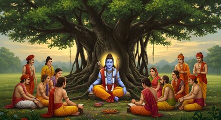 Religious figures gathering under ancient tree