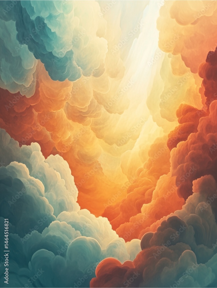 Poster cloudscape of dreams: an ethereal and captivating image of a vibrant cloudscape bathed in warm, invi