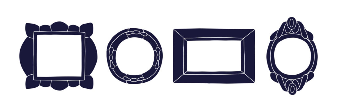 Set of decorative vintage frames in dark blue silhouette. Collection includes various shapes square, oval, and ornate. Suitable for photo frames, invitations, or digital scrapbooking