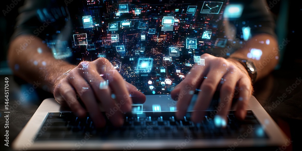 Poster Hands Typing on Laptop Surrounded by Multiple Linked Digital Profiles and Icons Representing Virtual Networking and Online Communication