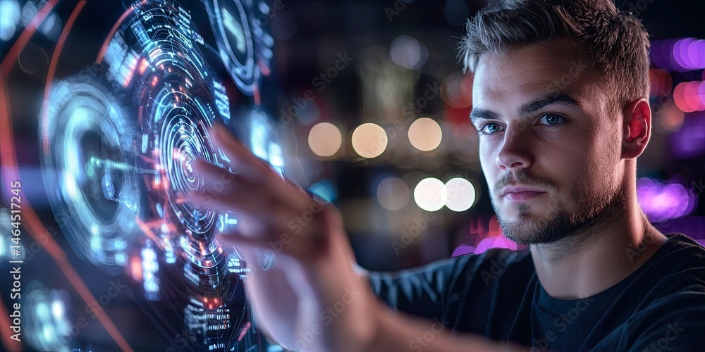 Aufkleber Focused Young Man Analyzing Data on Futuristic Touchscreen Display in Dark Environment with Technology Visuals and Digital Elements