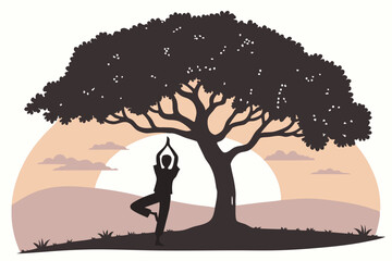 silhouette of a yoga man and a tree