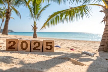 Wooden Numbers 2025 on the Sand with Clear Ocean and Tropical Vibes