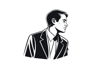 A thoughtful businessman in profile, looking upward. Retro Style Illustration, black and white profile illustration of a man in a suit, man, businessman, profile, suit, tie, formal wear, vintage, clas