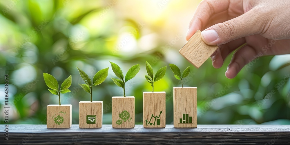 Aufkleber hand positioning wooden blocks with business icons representing growth and success in a contemporary