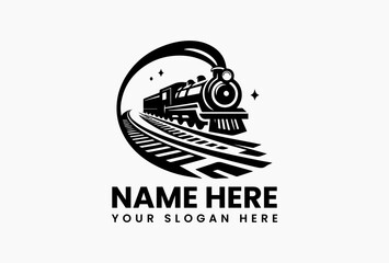 Monochrome Steam Train Illustration. Minimalist Vintage Art Vector Logo