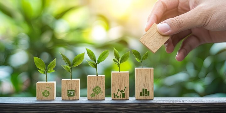 Hand Positioning Wooden Blocks with Business Icons Representing Growth and Success in a Contemporary Office Setting with Greenery in Background