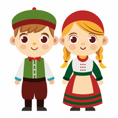 Adorable Cartoon Children in Traditional European Costumes