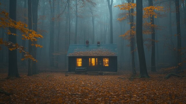 Misty forest cabin at night - Powered by Adobe