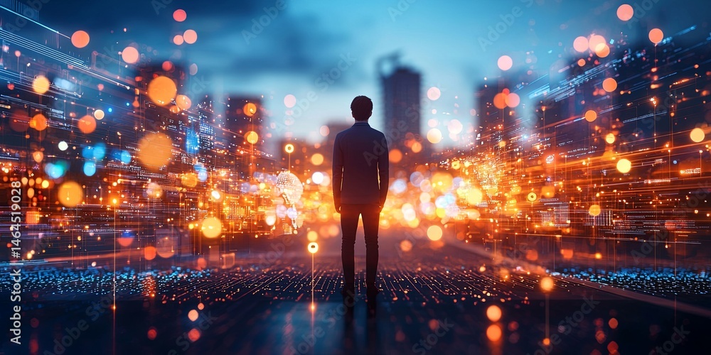 Fototapete futuristic digital world map visualization with abstract lights and silhouette of person in cyber en