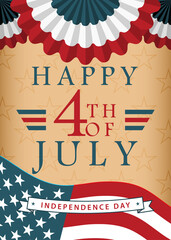 Happy 4th of July background with US national flag, pleated fan banners and stars.