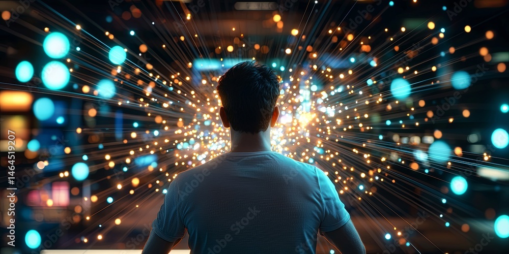 Poster Futuristic Visualization of Global Connectivity with Man in Dark Environment Surrounded by Luminous Data Points and Lines Representing Technology and Innovation