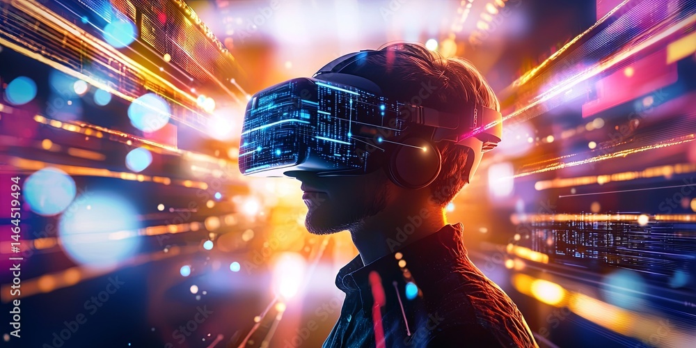 Fototapete Silhouette of a person wearing virtual reality headset surrounded by colorful digital graphics and glowing data streams in a futuristic space