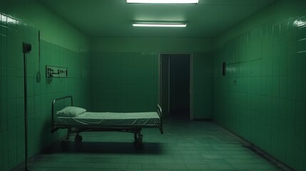 Empty hospital room at night green walls dim lighting healthcare setting