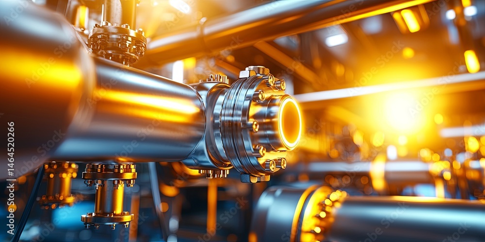 Poster Industrial pipes and machinery in a futuristic setting with illuminated surfaces and advanced technology enhancing the atmosphere of innovation and progress