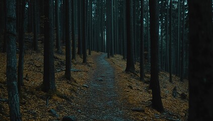 Dark Forest Pathway With Autumn Leaves