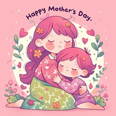 Cartoon mother hugging her child in a pastel-themed vector with floral decorations and Happy Mother’s Day script, all set against a soft purple minimalist background.